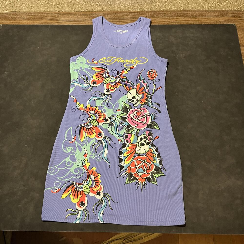 Ed Hardy Dress Womens Medium Purple Tank Ribbed Tattoo Graphic Skull Rose Print